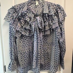 Truth NYC Polka Dot Ruffle Neck Blouse XL Sheer Tie Front Statement Top